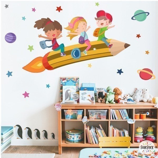 Vinilos escuelas y bibliotecas | Vinilos educativos - Lápiz escolar con niños y niñas - Murales pared para colegios y escuelas